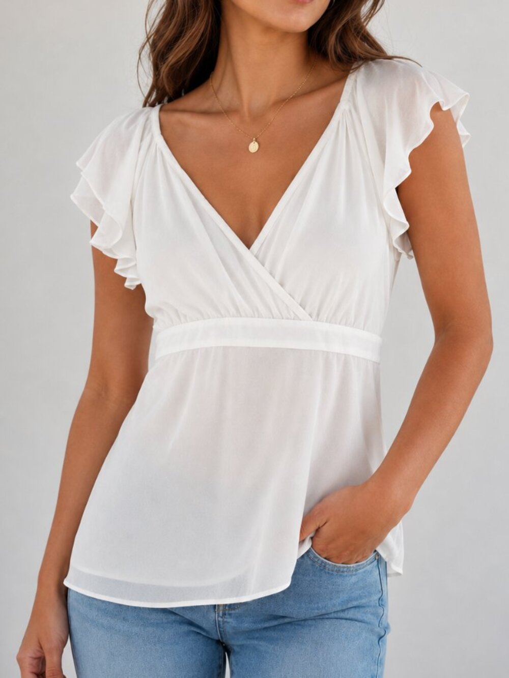 Le Château White Empire Waist Flutter Sleeve Wrap V Neck Blouse Top Shirt sz XXL